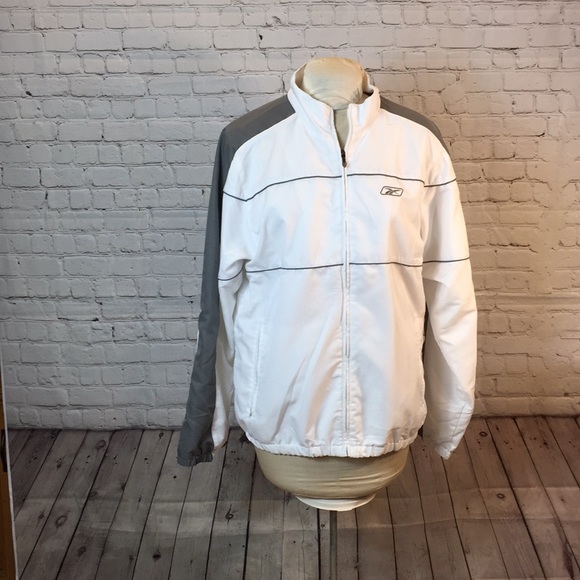 Reebok Jacket White Gray Full Zip Windbreaker Large - Picture 1 of 7
